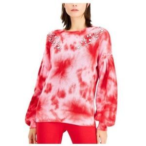 INC Bling Sweater Tie-dye Pullover Crew Neck Sweater Red Small